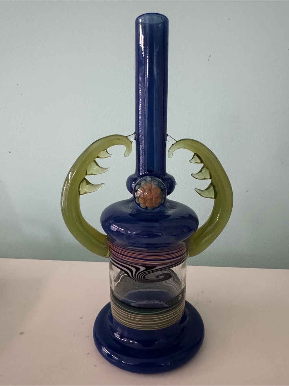 Handmade Blue Glass water pipe with Green resembling a praying mantis